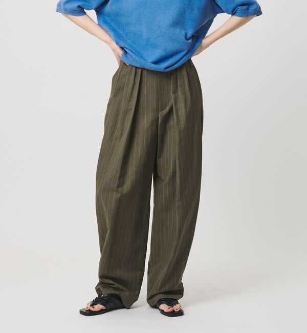 BEAUTY&YOUTH UNITED ARROWS「麻ブレンド ストライプ タブ タックパンツ」|スラックス|OLIVE