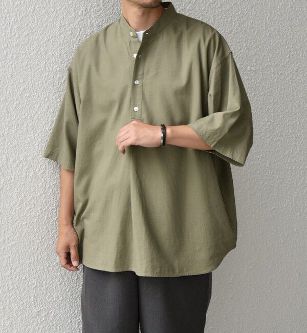 SHIPS any「SHIPS any:〈洗濯機可能〉リネン / レーヨン バンド スキッパー ハーフスリーブ プルオーバー シャツ◇」|シャツ・ブラウス|オリーブ