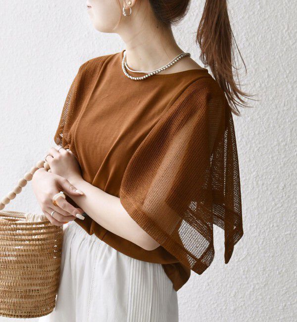 SHIPS any「《一部追加予約》SHIPS any:〈手洗い可能〉メッシュ シアー ハンカチ スリーブ ドッキング TEE」|Tシャツ・カットソー|