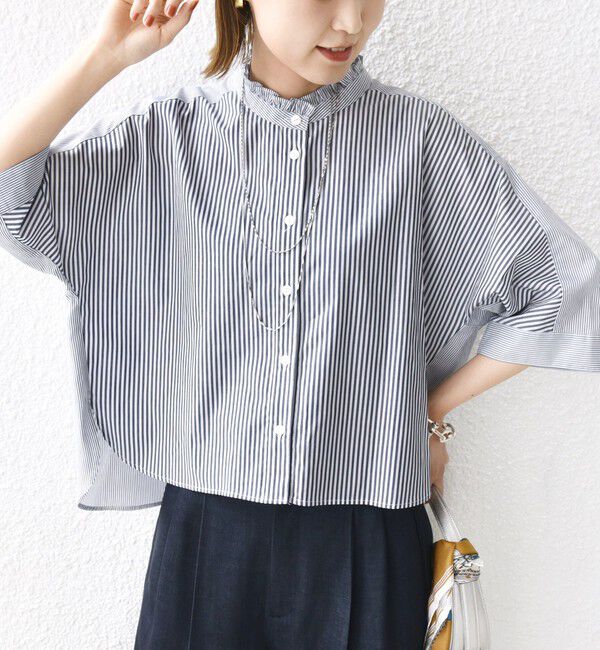 SHIPS for women「【WEB限定】〈手洗い可能〉ブロード ストライプ / 無地 切替 パッチワーク シャツ」|シャツ・ブラウス|ネイビー