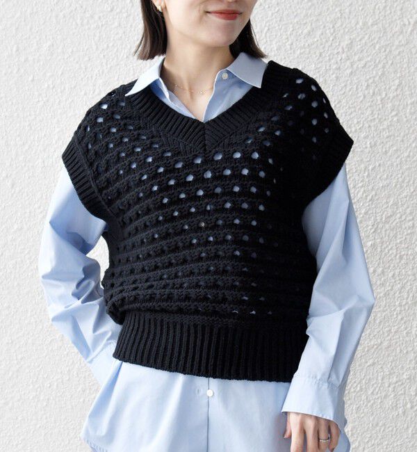 SHIPS any「SHIPS any:〈手洗い可能〉コットン ミックス 透かし編み Vネック ベスト」|ベスト・ジレ|