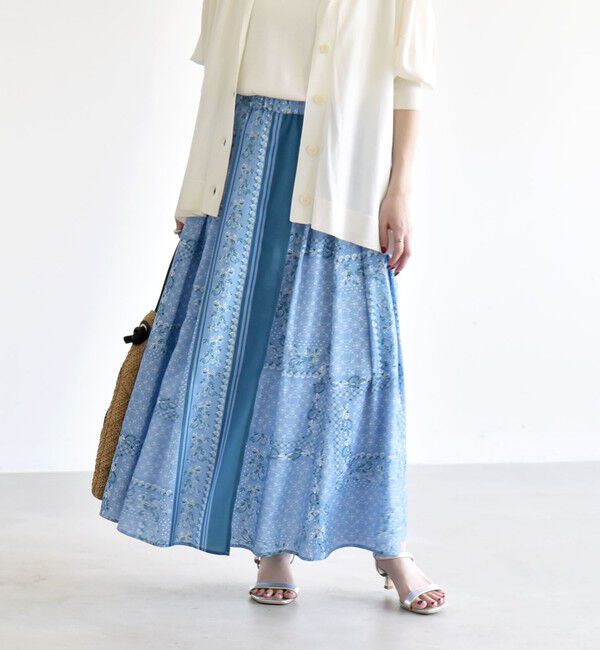 quaranciel「quaranciel:〈洗濯機可能〉フラワー スカーフ プリント ギャザー フレア スカート」|スカート|