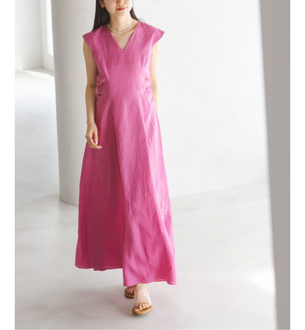 NOBLE「《予約》ウエストギャザーリネンフレアワンピース」|ワンピース|ピンク