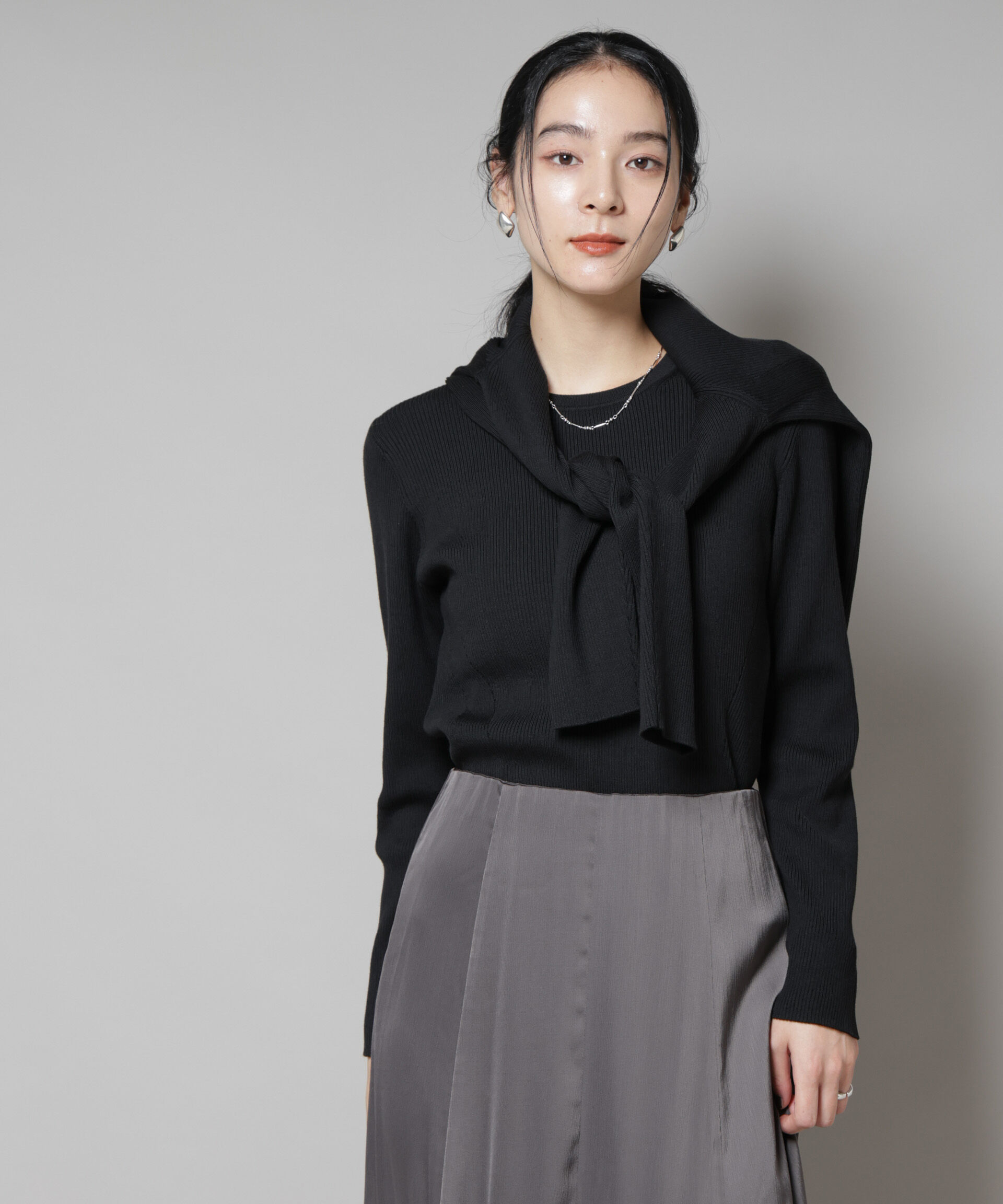 nano･universe「CICA&UVカット加工クルーネックリブニット」|ニット・セーター|ブラック