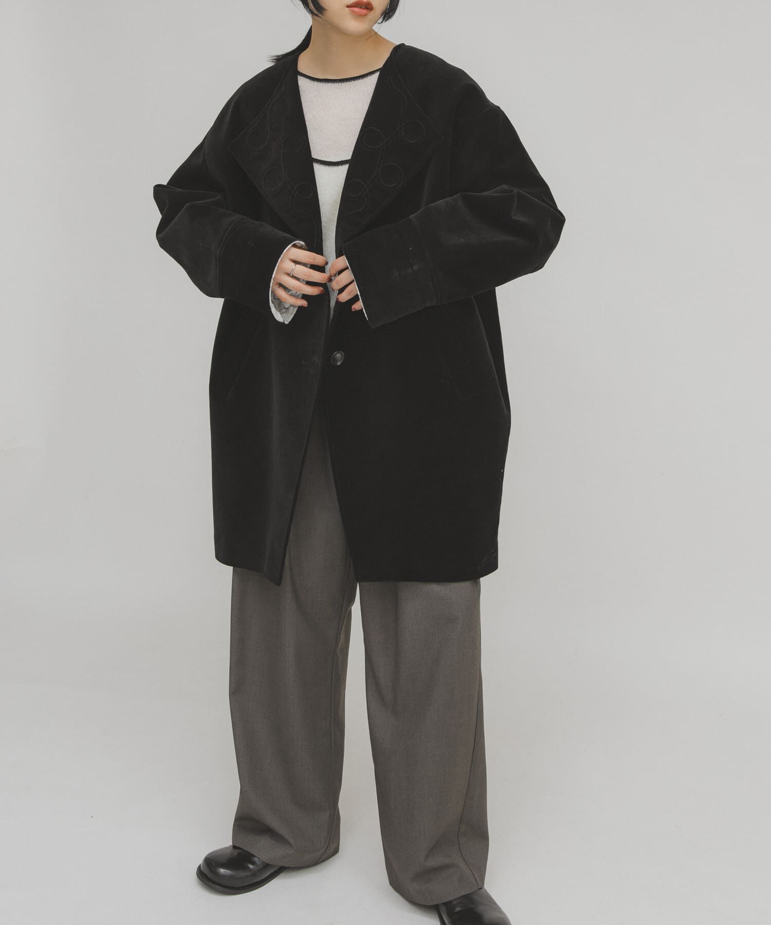  「ベロアBIGジャケット」|ノーカラーコート|