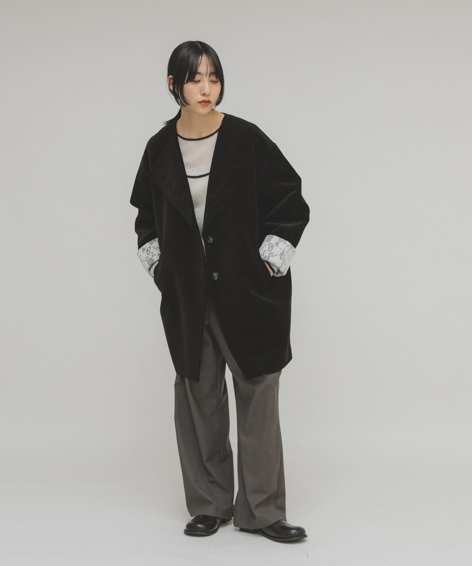  「ベロアBIGジャケット」|ノーカラーコート|
