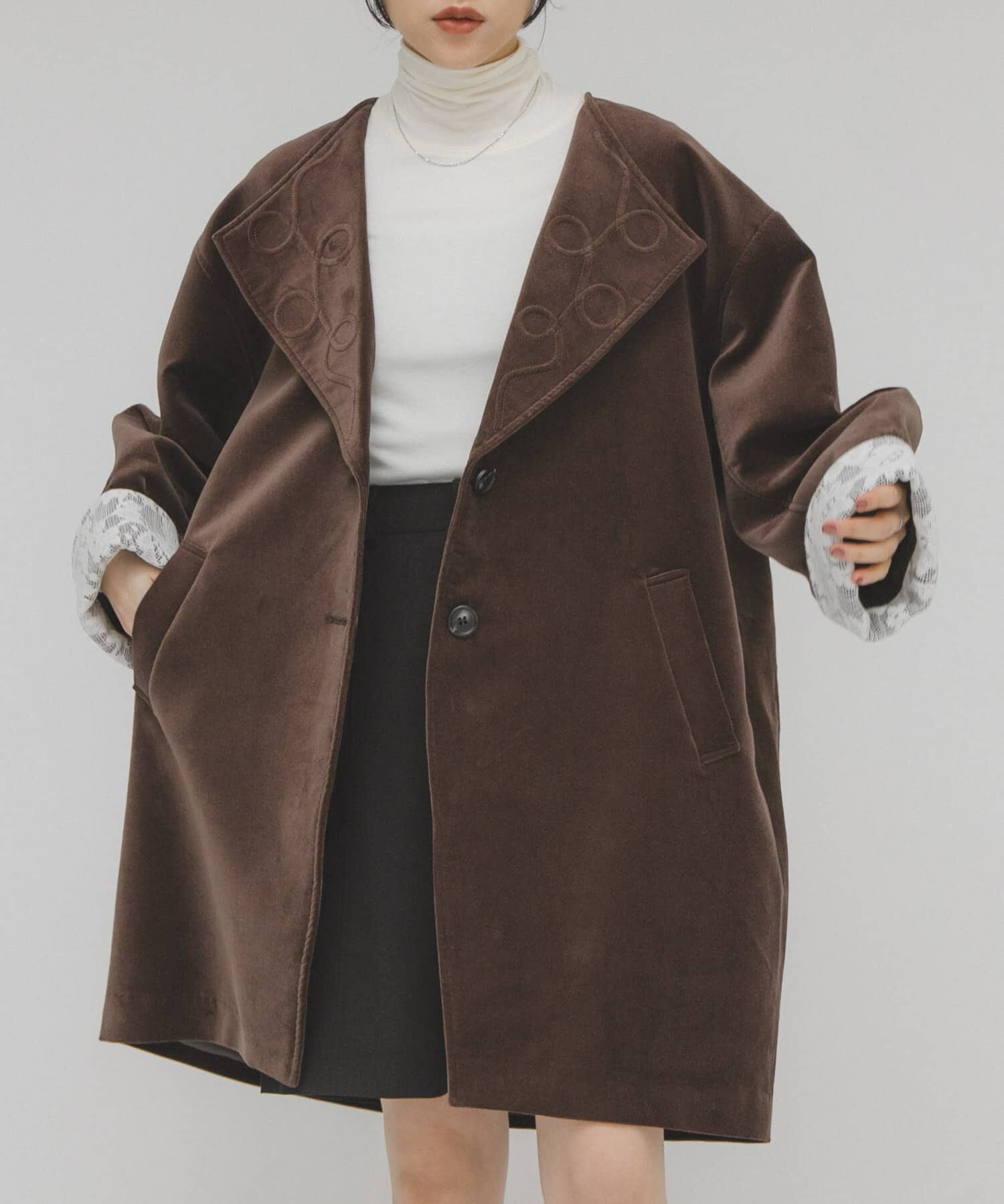  「ベロアBIGジャケット」|ノーカラーコート|