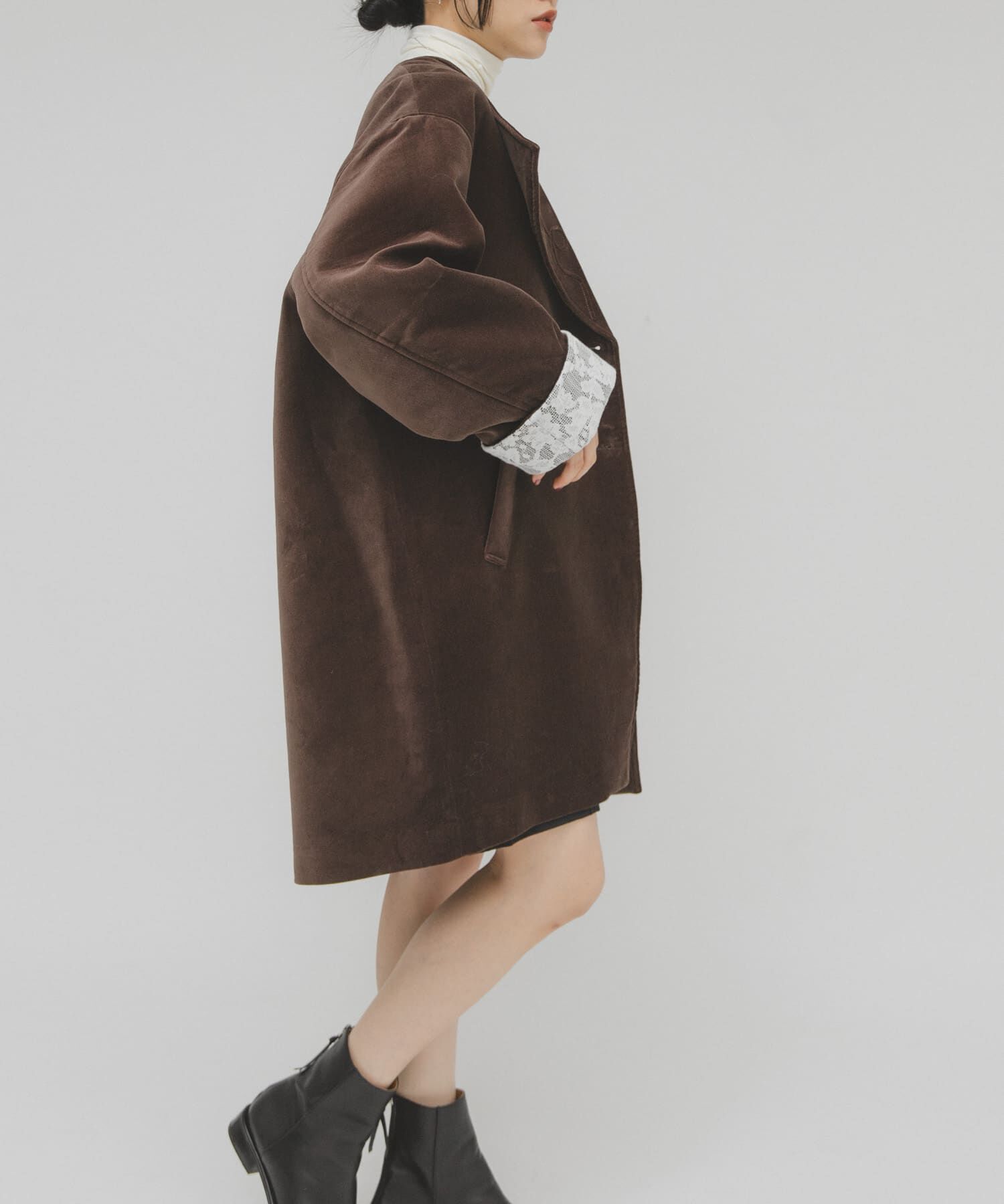  「ベロアBIGジャケット」|ノーカラーコート|