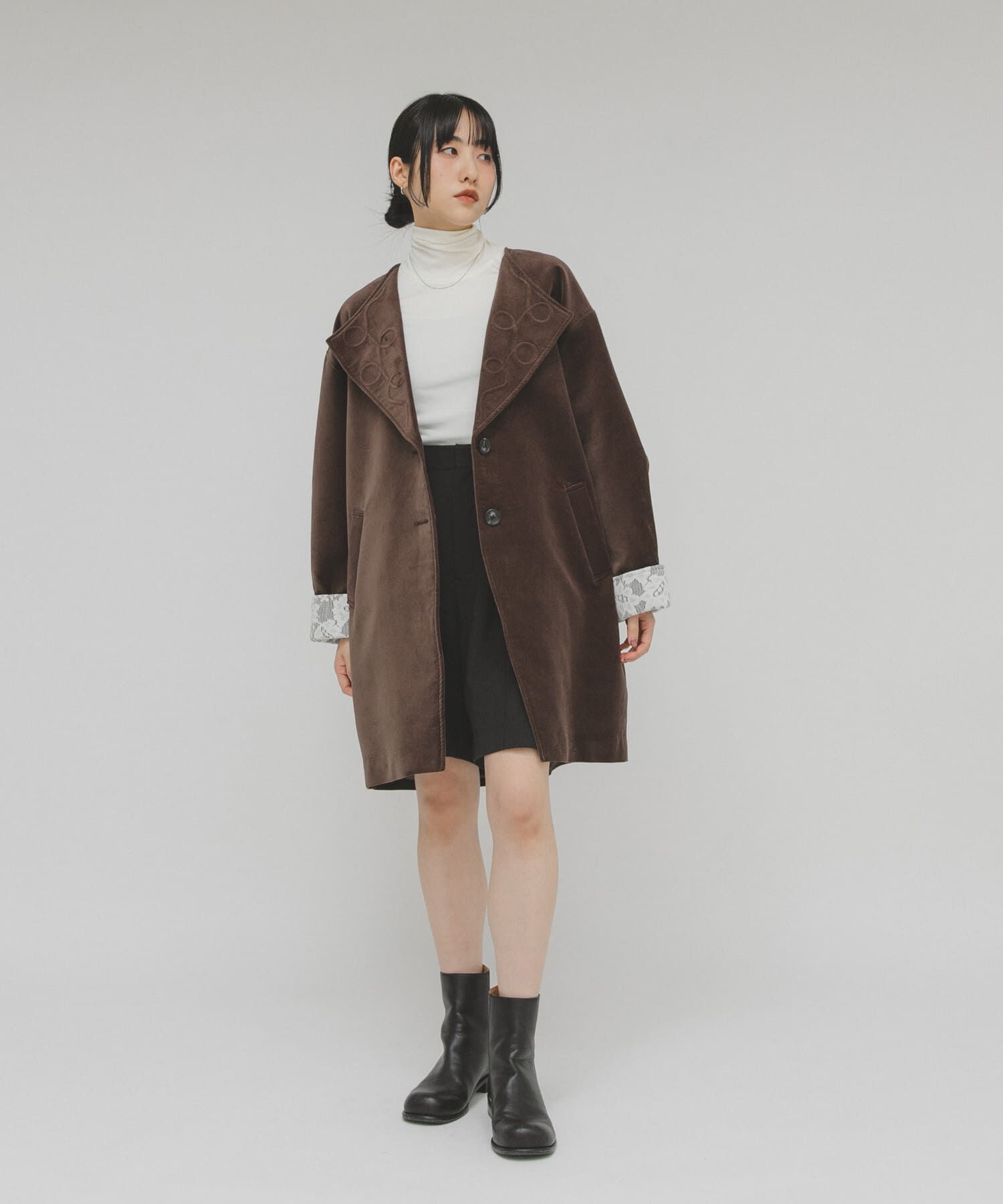  「ベロアBIGジャケット」|ノーカラーコート|