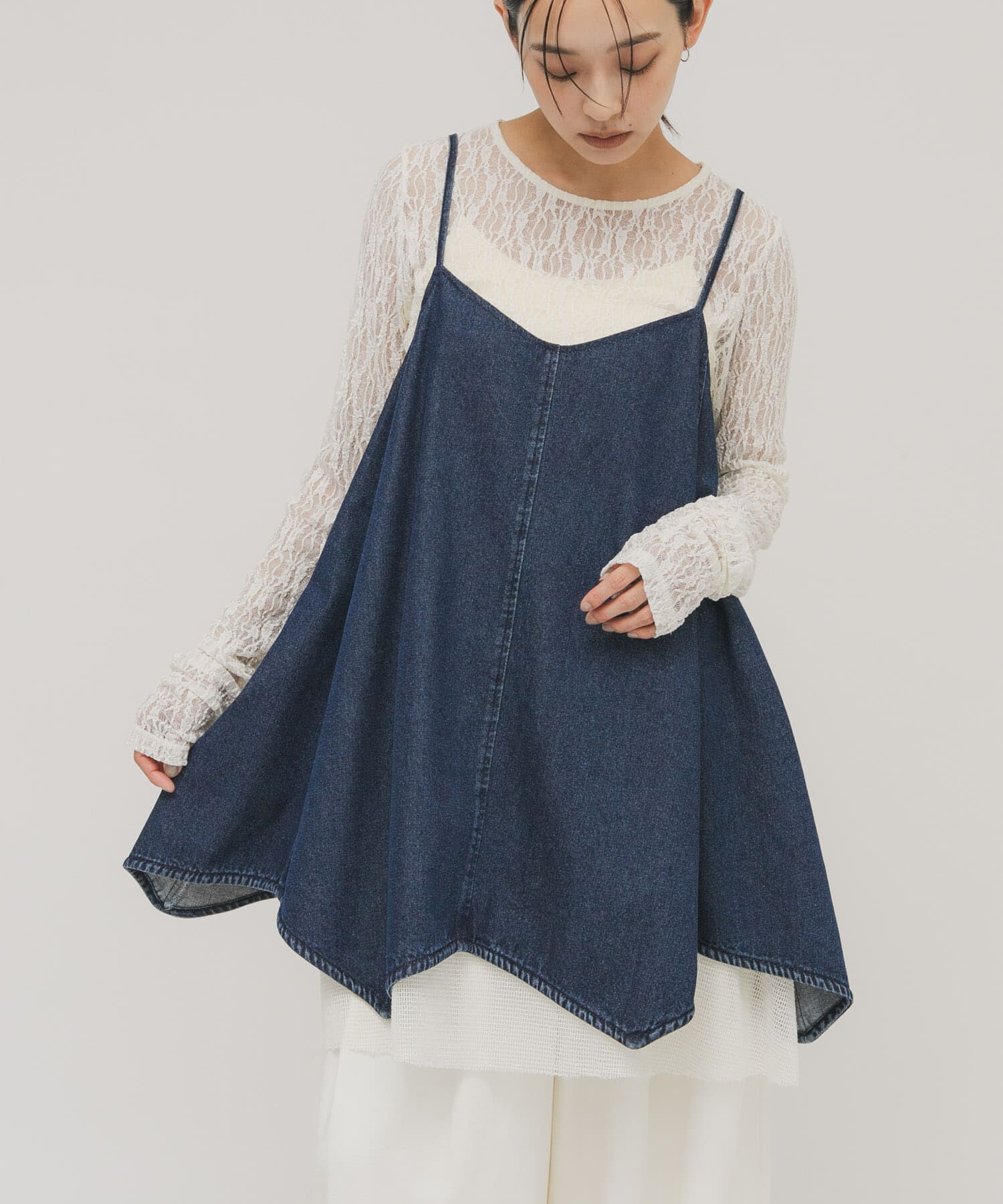  「メッシュレイヤードデニムキャミワンピース」|ワンピース|