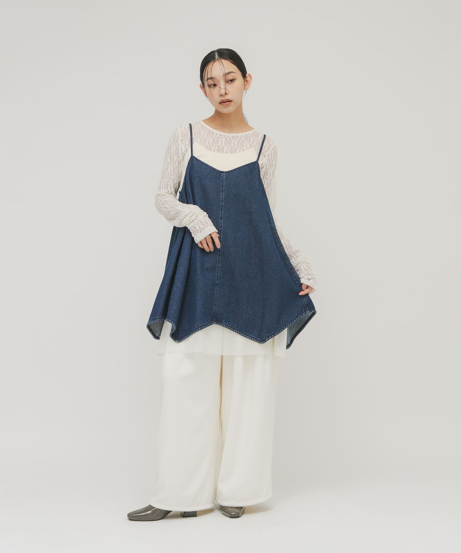  「メッシュレイヤードデニムキャミワンピース」|ワンピース|