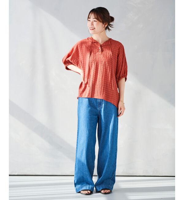 le.coeur blanc「《手洗い可能》シャドーチェックスリーブデザインブラウス」|シャツ・ブラウス|