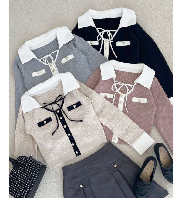  「デコルテオープンバイカラー襟ニット」|ニット・セーター|アイボリー