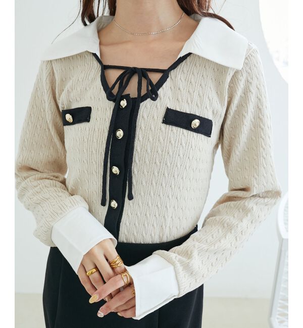  「デコルテオープンバイカラー襟ニット」|ニット・セーター|