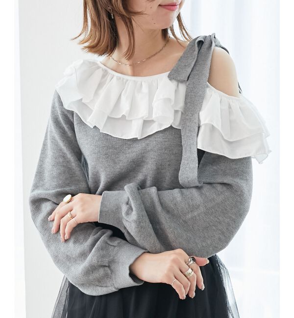  「フリルワンショル肩リボンニット」|ニット・セーター|