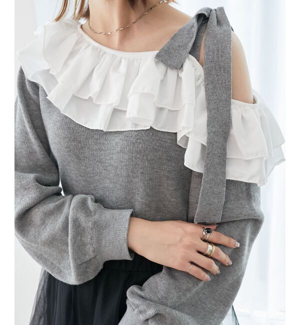  「フリルワンショル肩リボンニット」|ニット・セーター|