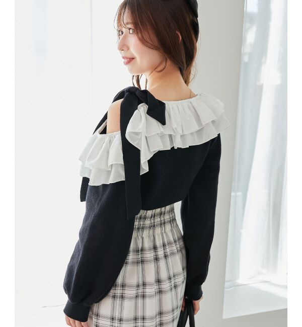  「フリルワンショル肩リボンニット」|ニット・セーター|