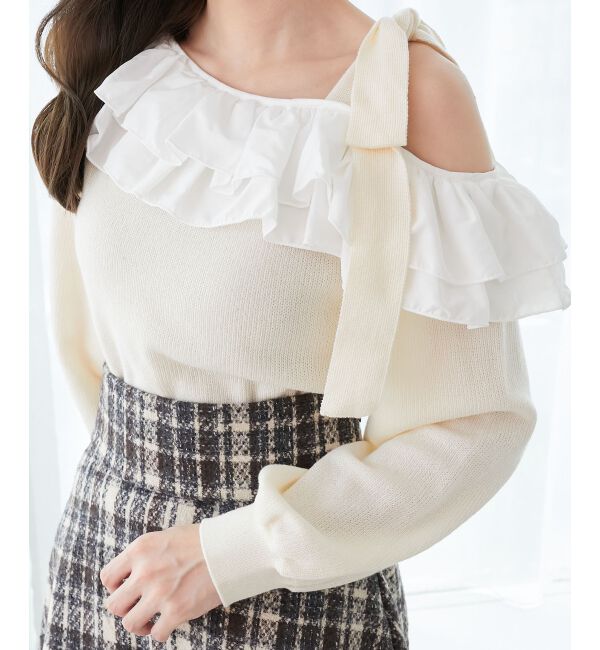  「フリルワンショル肩リボンニット」|ニット・セーター|