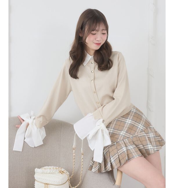  「リボンスリーブシャツ襟カーデ」|カーディガン|アイボリー