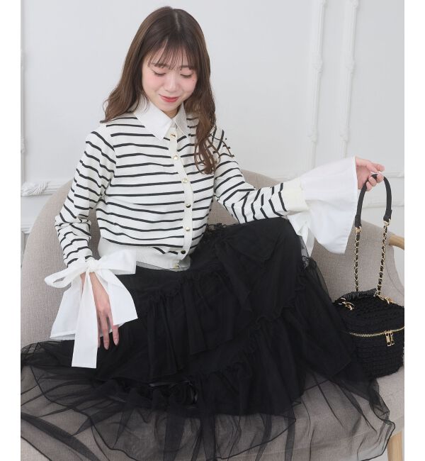  「リボンスリーブシャツ襟カーデ」|カーディガン|