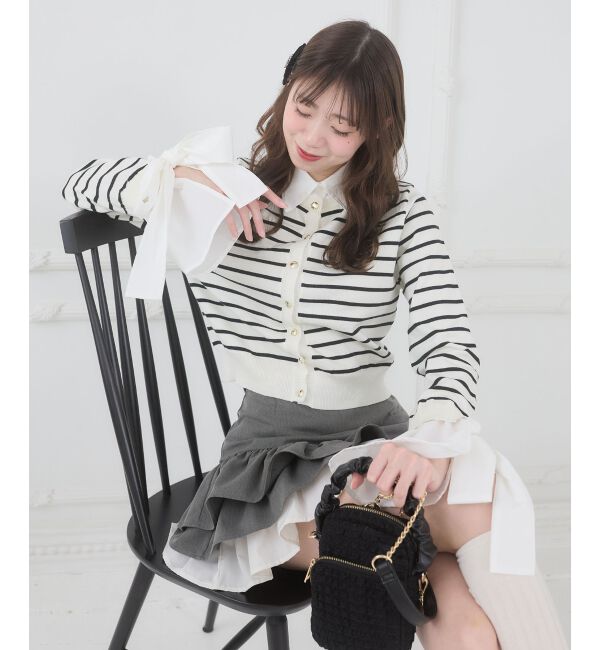  「リボンスリーブシャツ襟カーデ」|カーディガン|