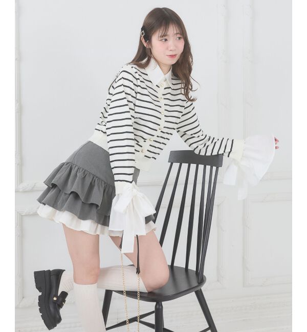  「リボンスリーブシャツ襟カーデ」|カーディガン|