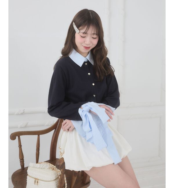  「リボンスリーブシャツ襟カーデ」|カーディガン|