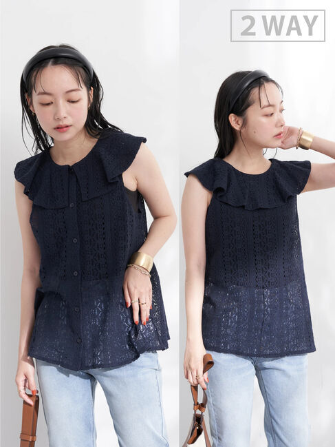 earth music&ecology「総レースフリルブラウス」|シャツ・ブラウス|ネイビー