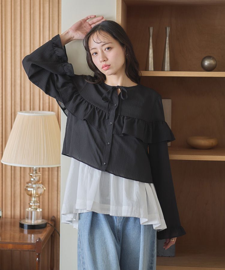 earth music&ecology「フリル切替えショートブラウス」|シャツ・ブラウス|