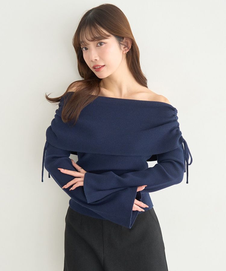 earth music&ecology「リボンギャザーオフショルニットプルオーバー」|ニット・セーター|