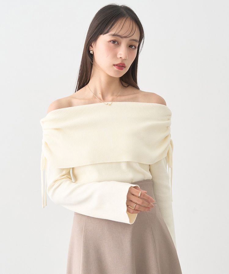 earth music&ecology「リボンギャザーオフショルニットプルオーバー」|ニット・セーター|