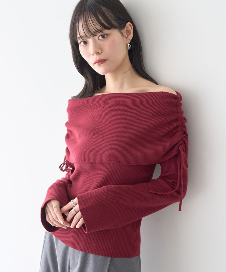 earth music&ecology「リボンギャザーオフショルニットプルオーバー」|ニット・セーター|Bordeaux