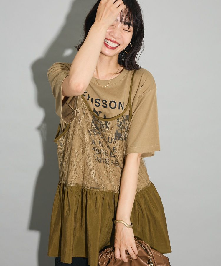 Green Parks「SET2点フォトＴシャツ+レースキャミビスチェ」|Tシャツ・カットソー|Brown