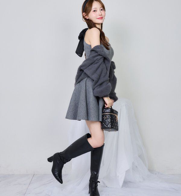  「2wayフェザーカーデSET後ろリボンニットミニワンピ」|ワンピース|