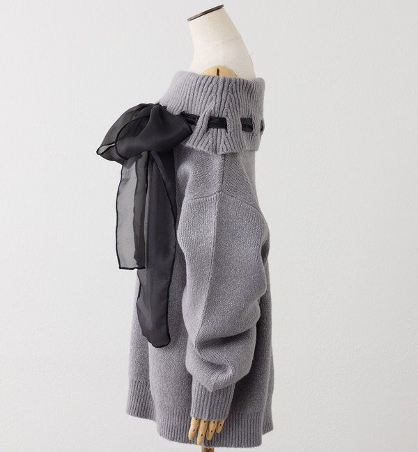  「リボン付きオフショルニットワンピ」|ワンピース|