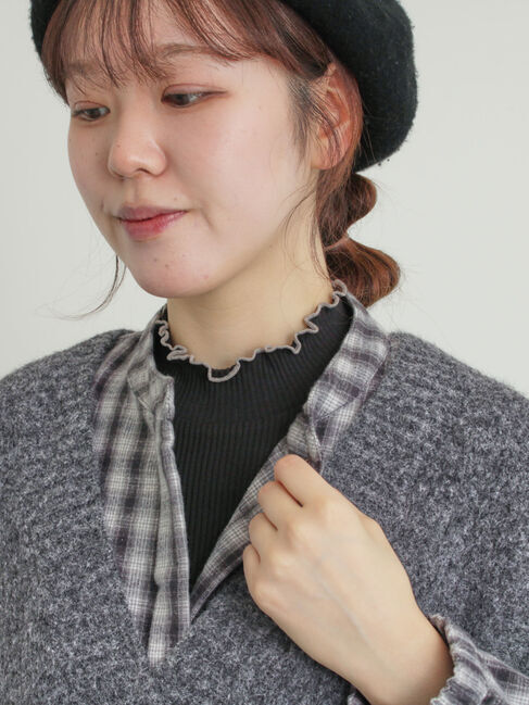 Samansa Mos2「配色メローカットリブフリルスタンドネックインナー」|Tシャツ・カットソー|ブラック