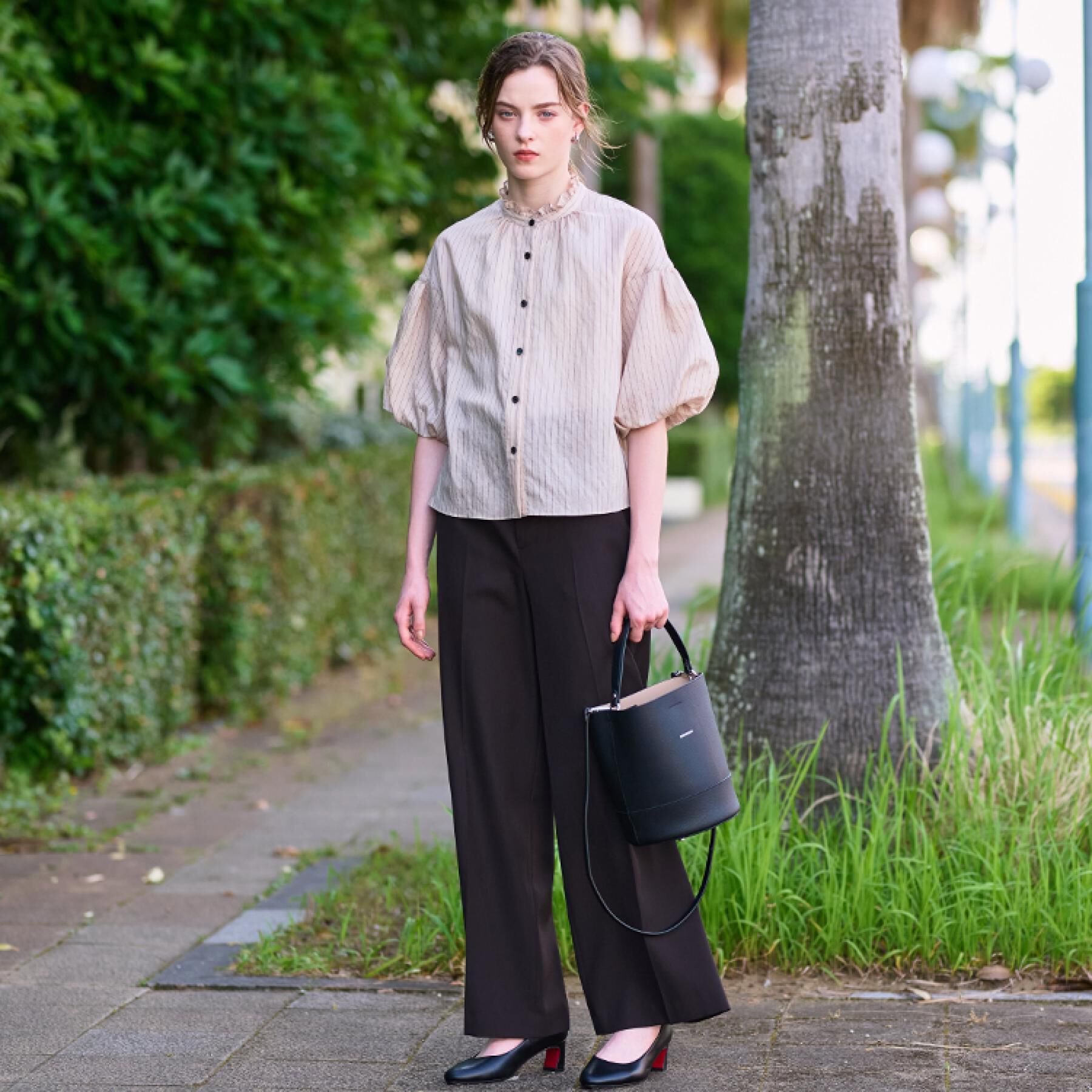 DRESSTERIOR「【洗える/前開き】ボリュームスリーブストライプブラウス」|シャツ・ブラウス|