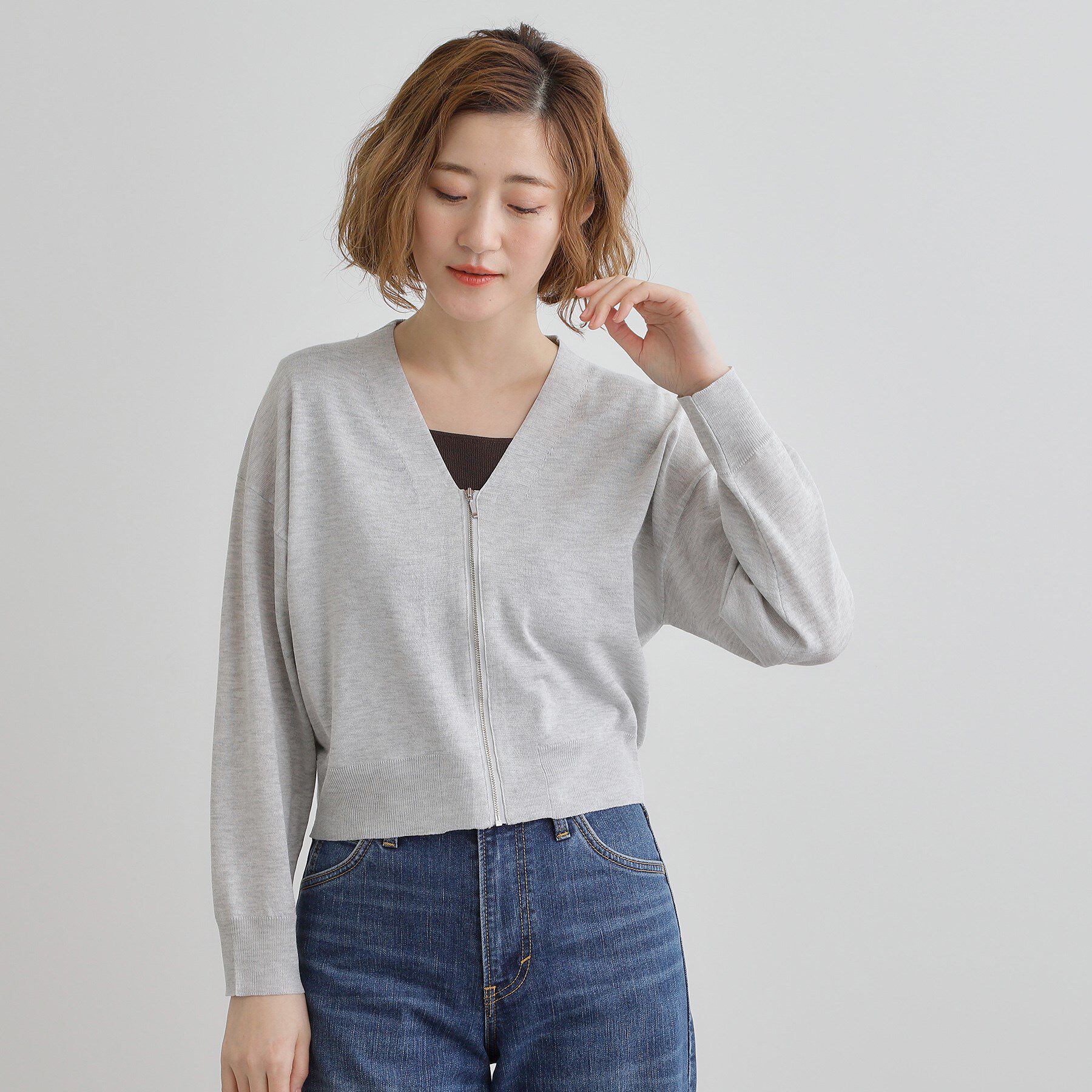 grove「【洗える】シアーニットジップカーディガン」|カーディガン|
