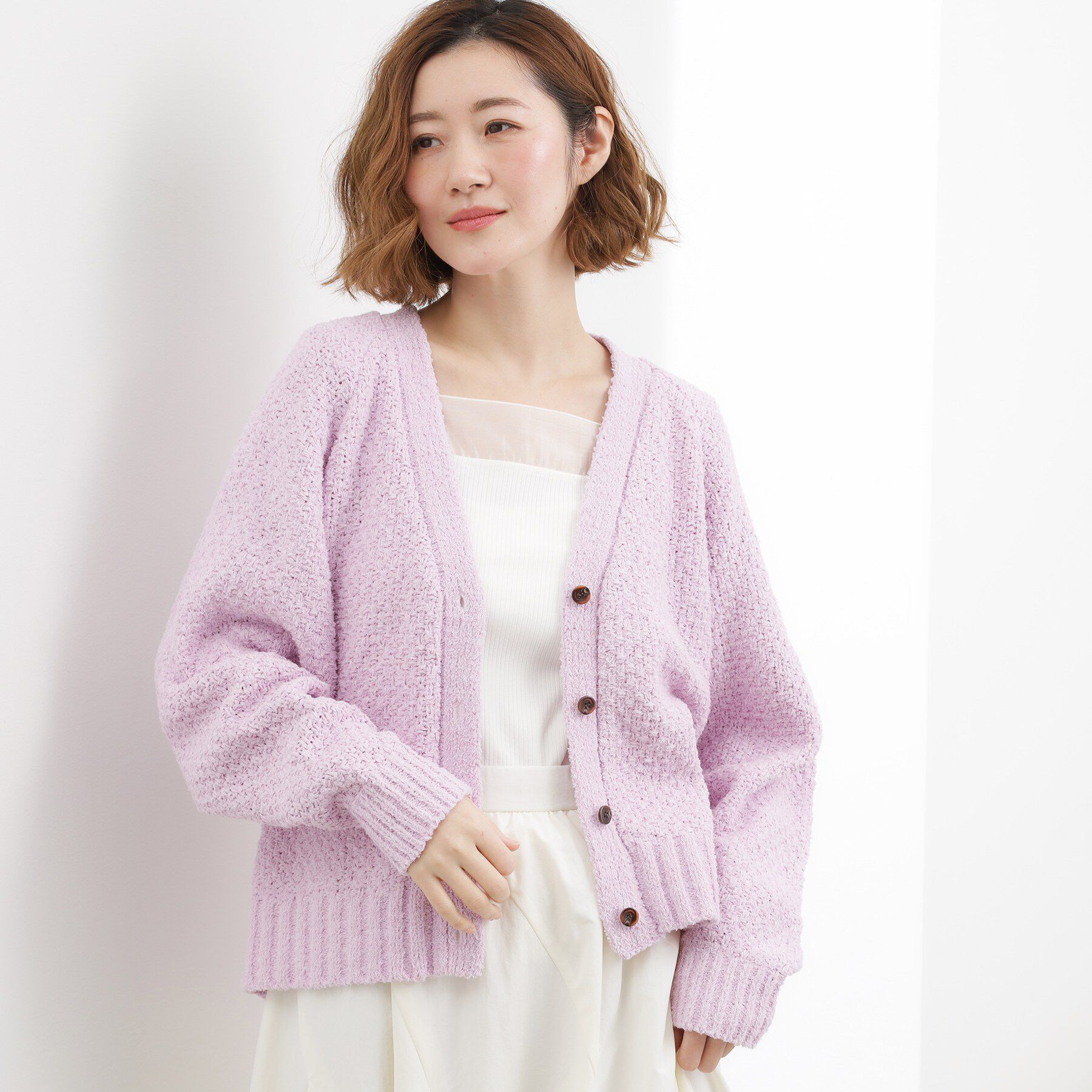 grove「コットン混バスケットVネックカーディガン」|カーディガン|ピンク(071)