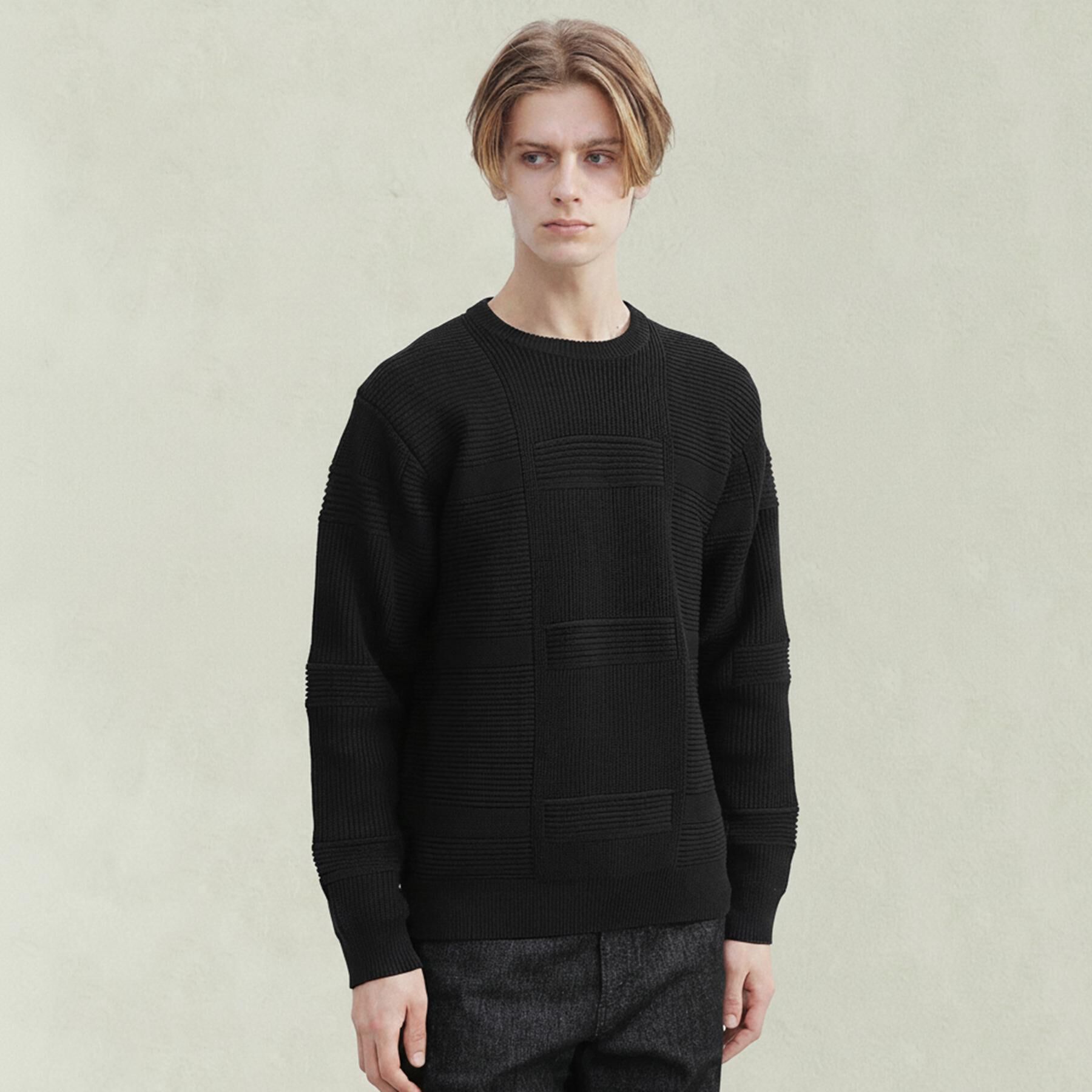 TAKEO KIKUCHI「畦編みチェック プルオーバーニット」|ニット・セーター|ブラック(019)