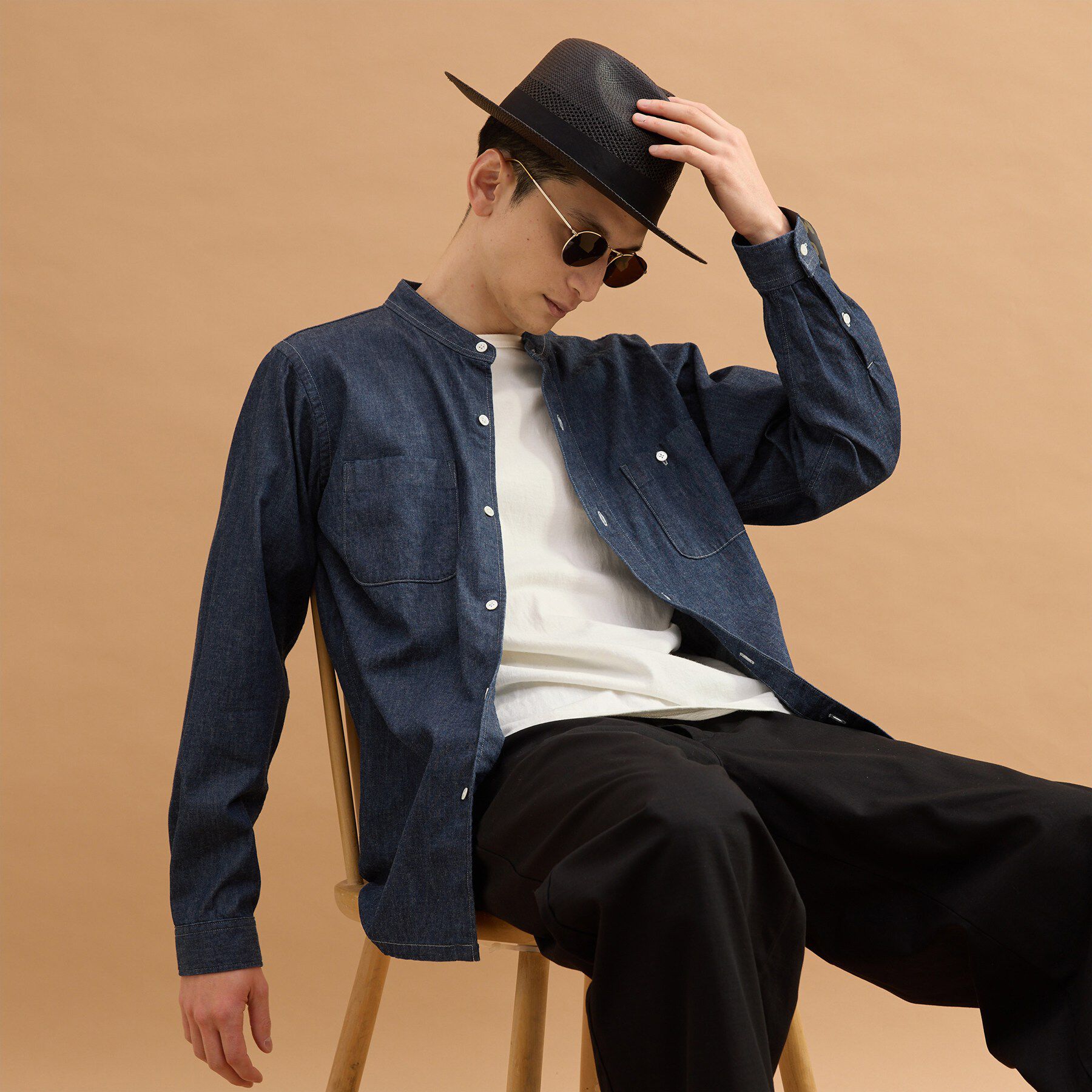 40CARATS&525「バンドカラーデニムシャツ」|シャツ・ブラウス|ネイビー(094)