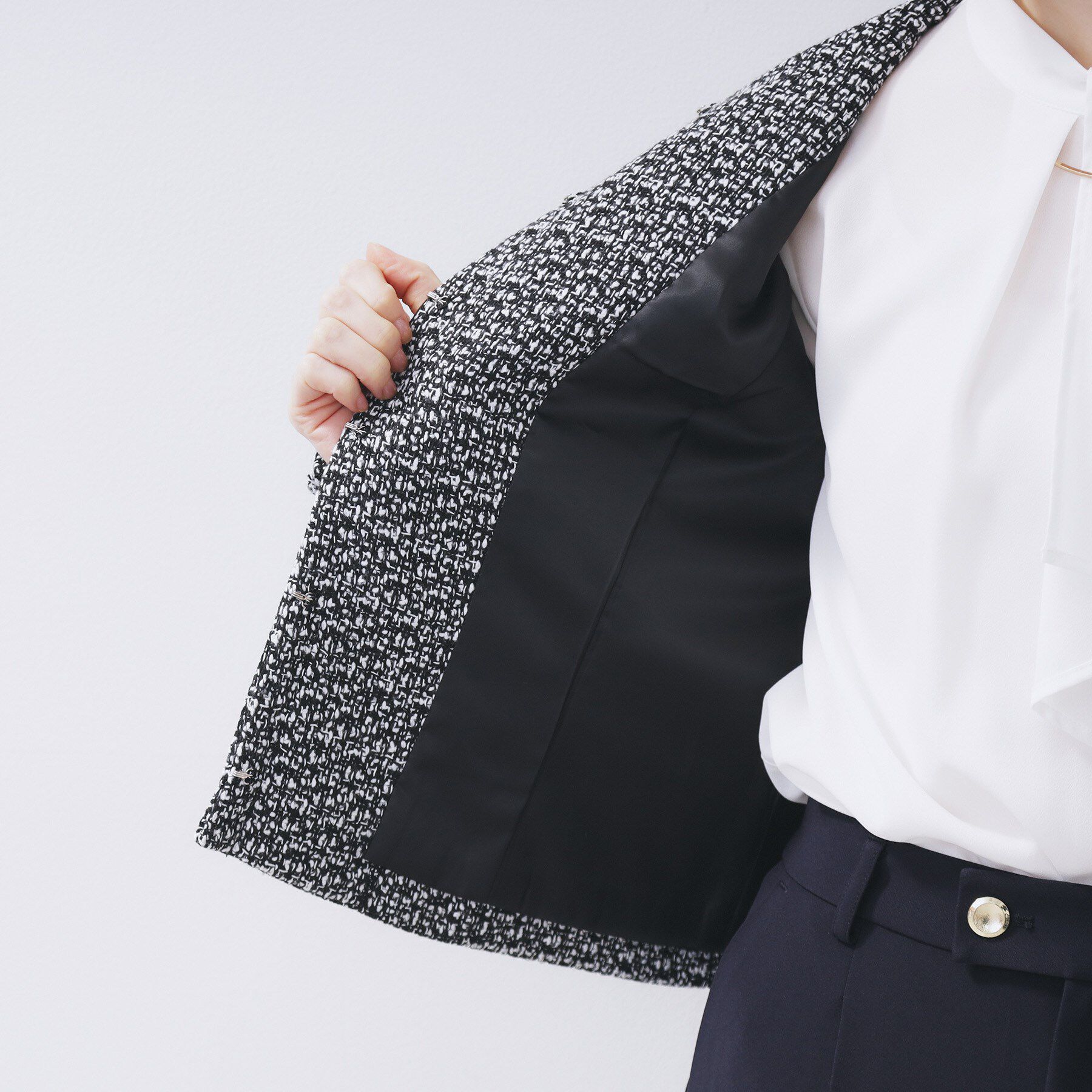 index「≪通勤・セレモニー/セットアップ対応≫ノーカラーツイードジャケット【洗濯機OK】」|ノーカラージャケット|