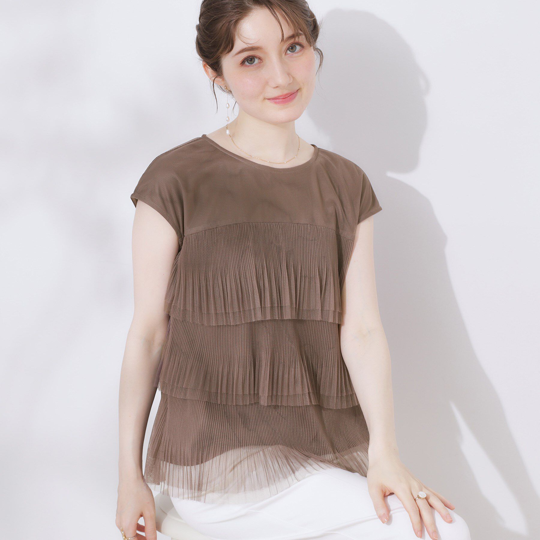 Couture broach「【マシンウォッシャブル・大人可愛い】チュールプリーツチュニック」|Tシャツ・カットソー|モカブラウン(042