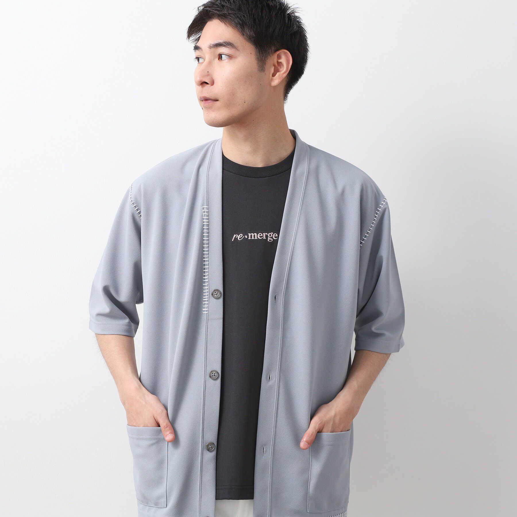 THE SHOP TK「ツイルステッチ半袖カーディガン【洗濯機OK/接触冷感】」|カーディガン|ライトグレー(011