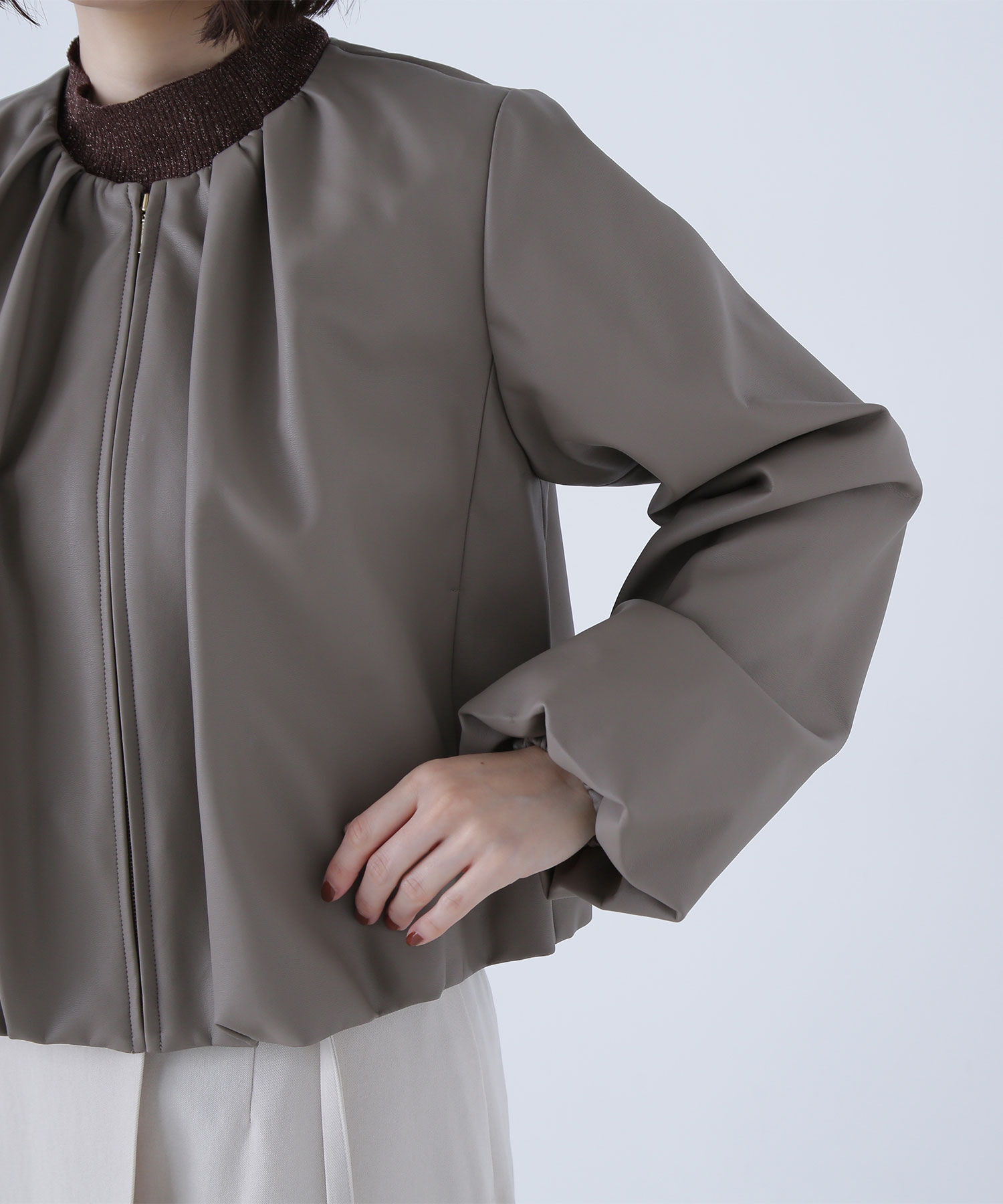  「フェイクレザーギャザーブルゾン」|ブルゾン・スタジャン|