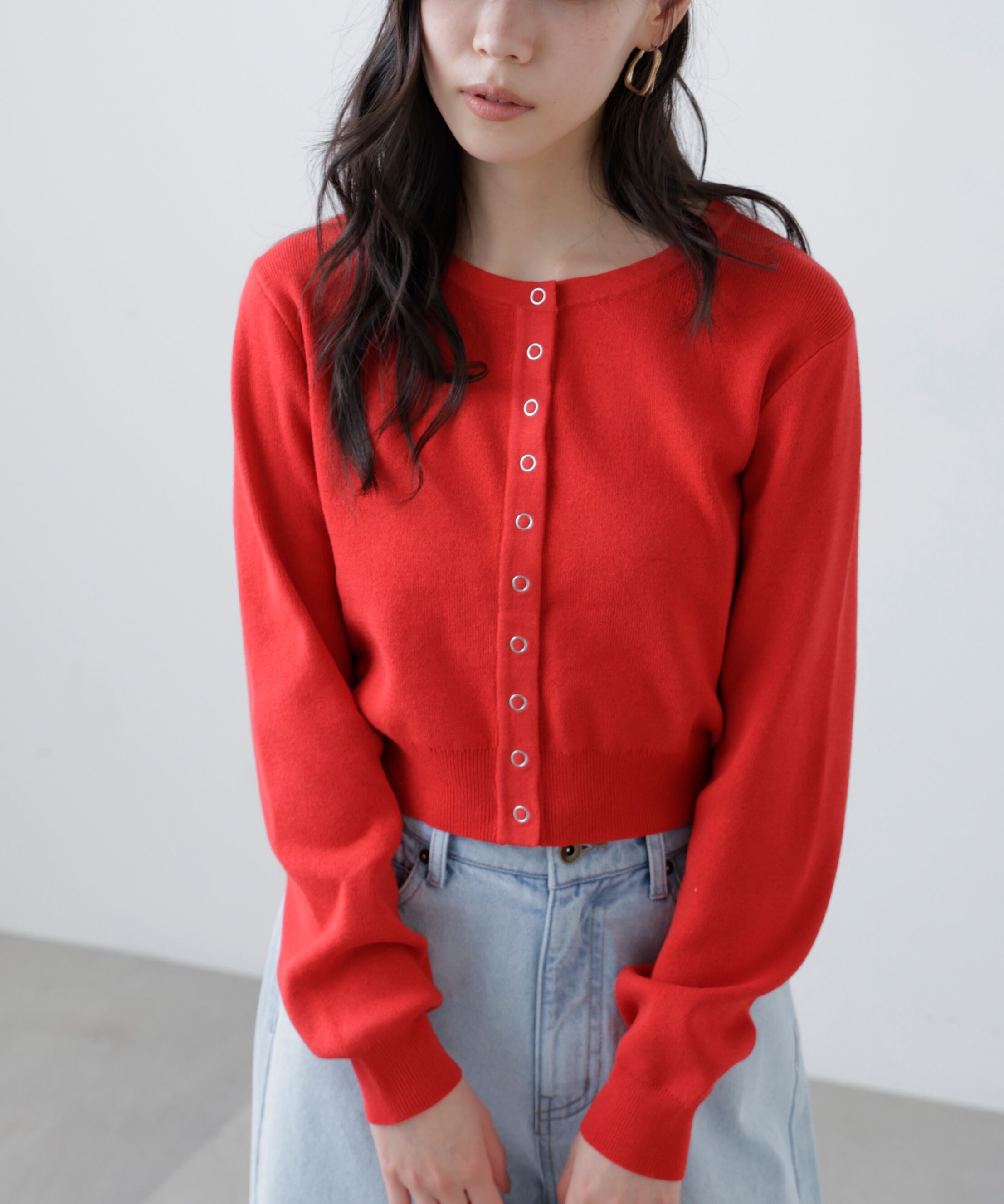  「リングドットボタンクルーネックニットカーディガン」|ニット・セーター|