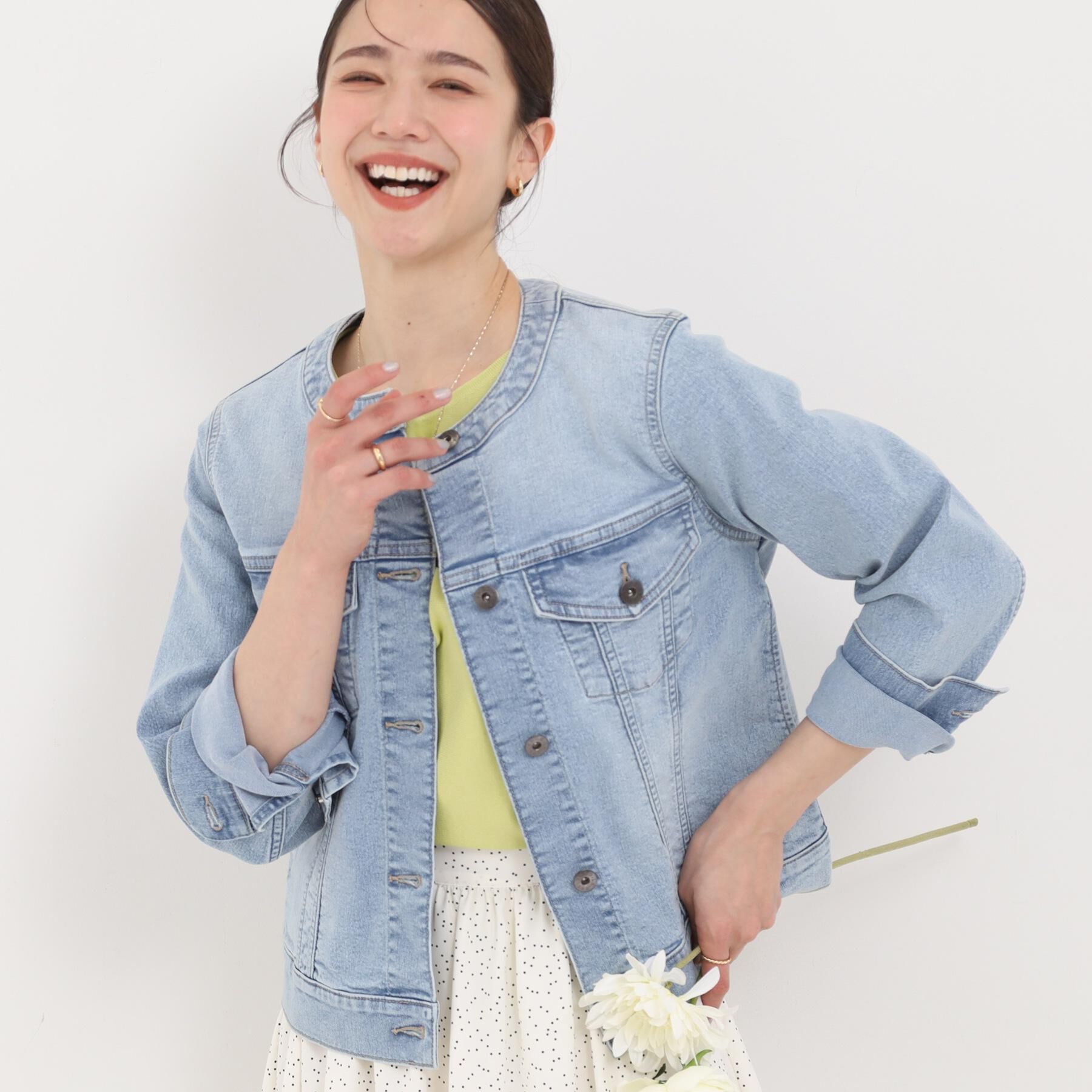 SHOO･LA･RUE「【SHOO・LA・RUE DENIM】大人のための ノーカラーデニムジャケット」|デニムジャケット|ブルー(091)