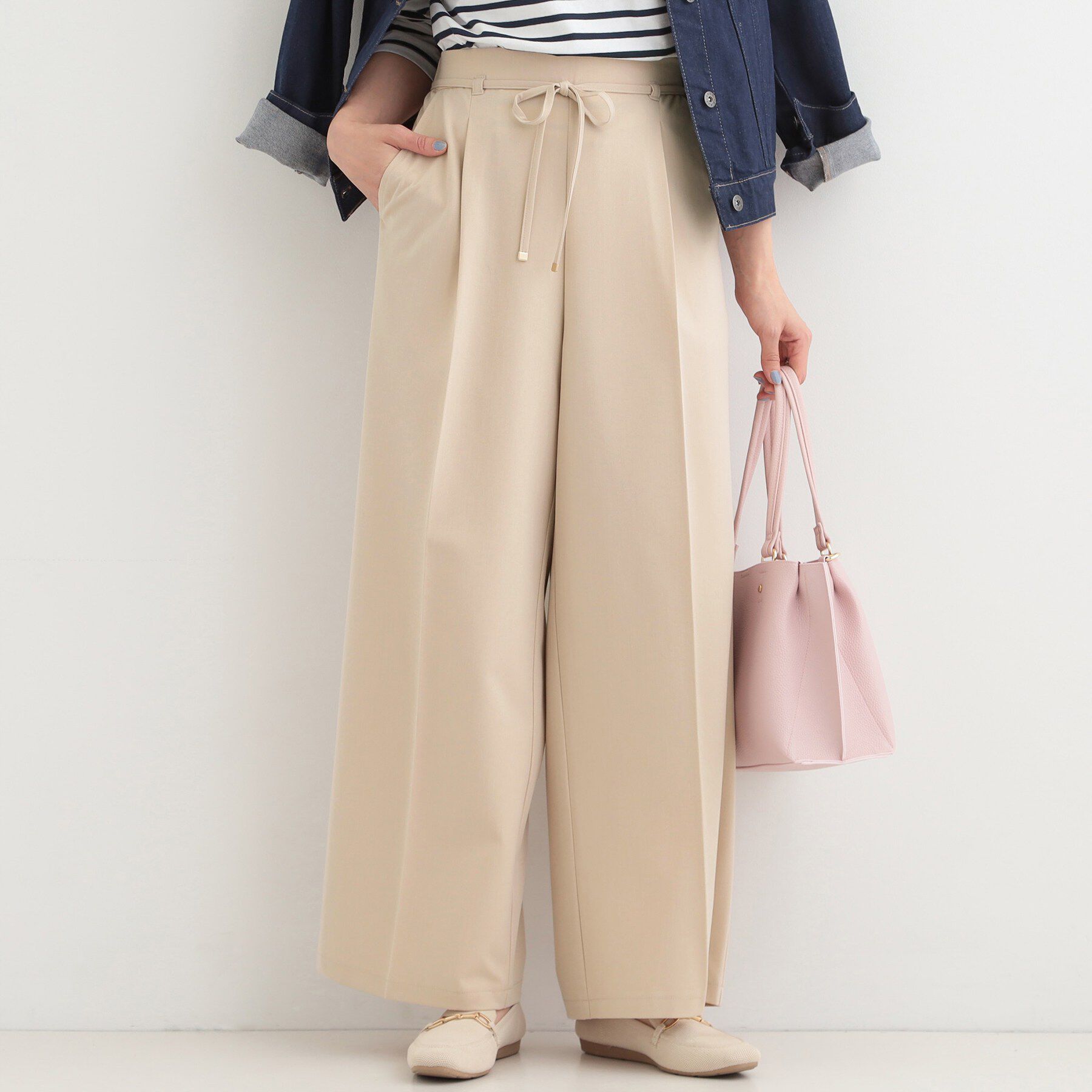 SHOO･LA･RUE「【着丈選べる/S-LL】センタープレスできちんと見え イージーワイドパンツ」|その他|ベージュ(052)