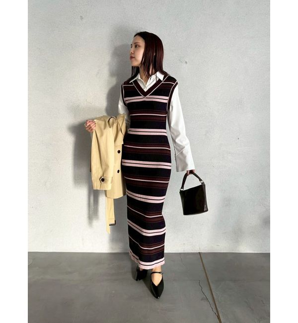 LAGUNAMOON「シャツレイヤードボーダーニットワンピース」|ワンピース|