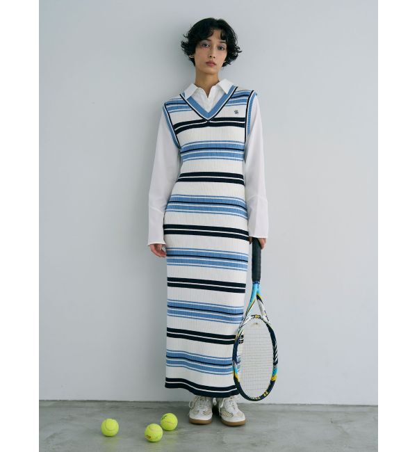 LAGUNAMOON「シャツレイヤードボーダーニットワンピース」|ワンピース|
